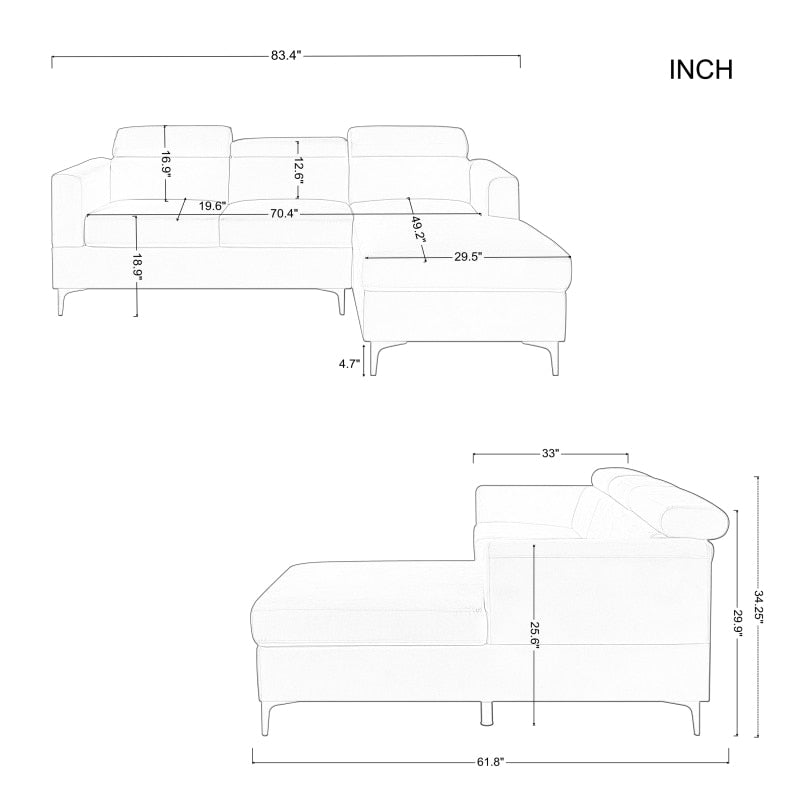 Classic Cream Velvet Upholstered L Shaped Sectional Sofa Couch - hausgem - united states - measurement in inches