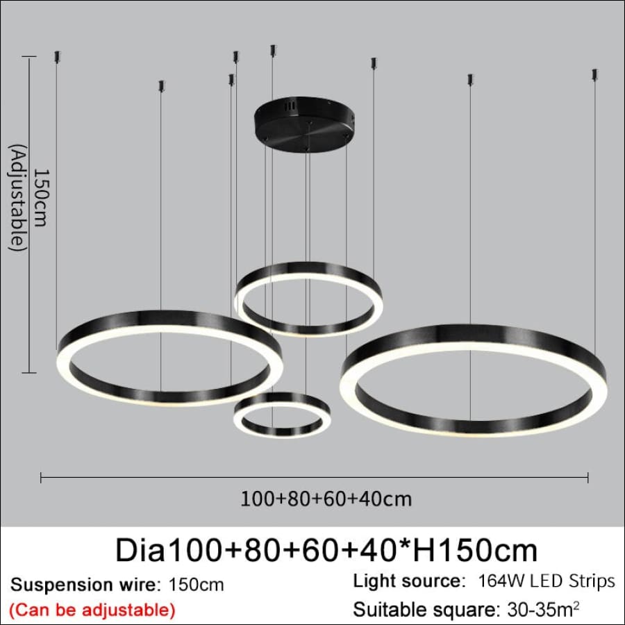 4 prices togehter, set, Black outlined LED Stainless Steel Ring Shaped Ceiling Chandelier - hausgem - united states - 120 cm height, adjustable, 164W LED Strips, 280 cm width - united states