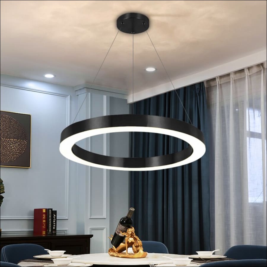Black outlined LED Stainless Steel Ring Shaped Ceiling Chandelier - hausgem - united states - 120 cm height, adjustable, 22W LED Strips, 40 cm width - united states - close up- above dining table