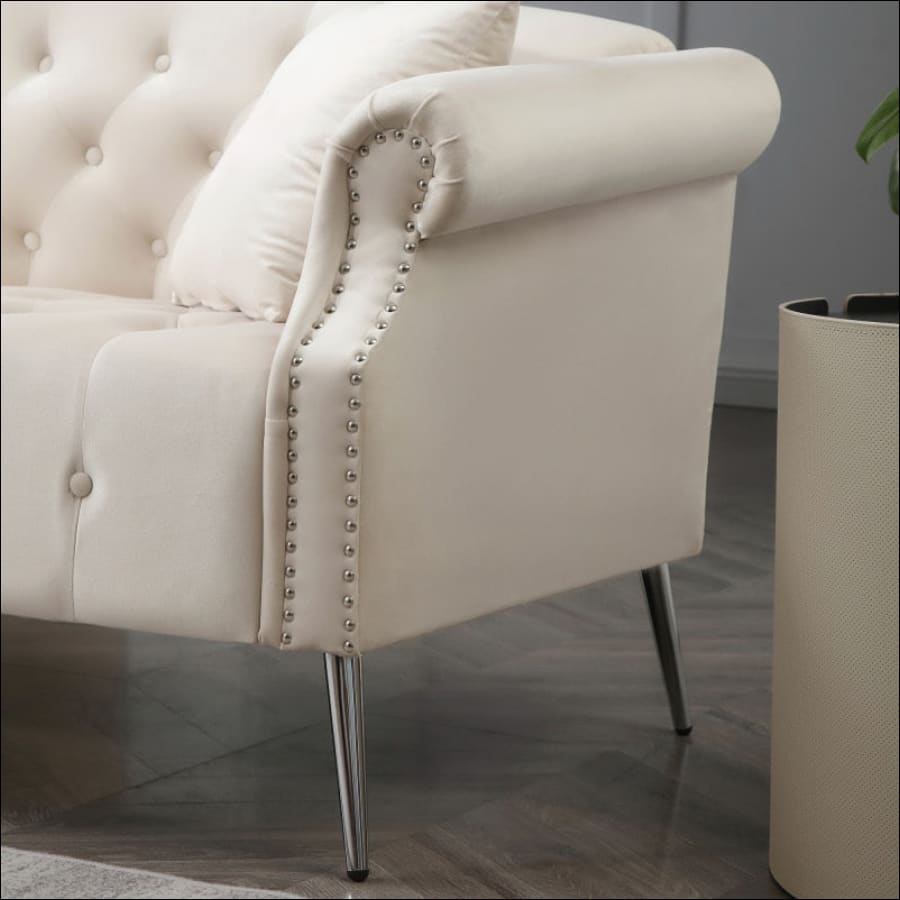 Cream Chesterfield Couch Loveseat with Trimmed Curved - scrolled arms - tufted couch with silver hardware - hausgem - united states