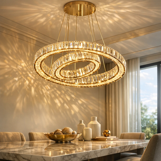 Modern crystal chandelier in a luxury interior with warm ambient lighting — modern chandelier lighting ideas