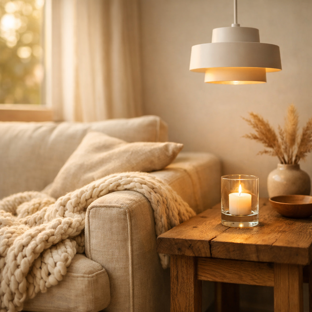 Scandinavian home accessories — minimalist Nordic interior with warm lighting and natural textures