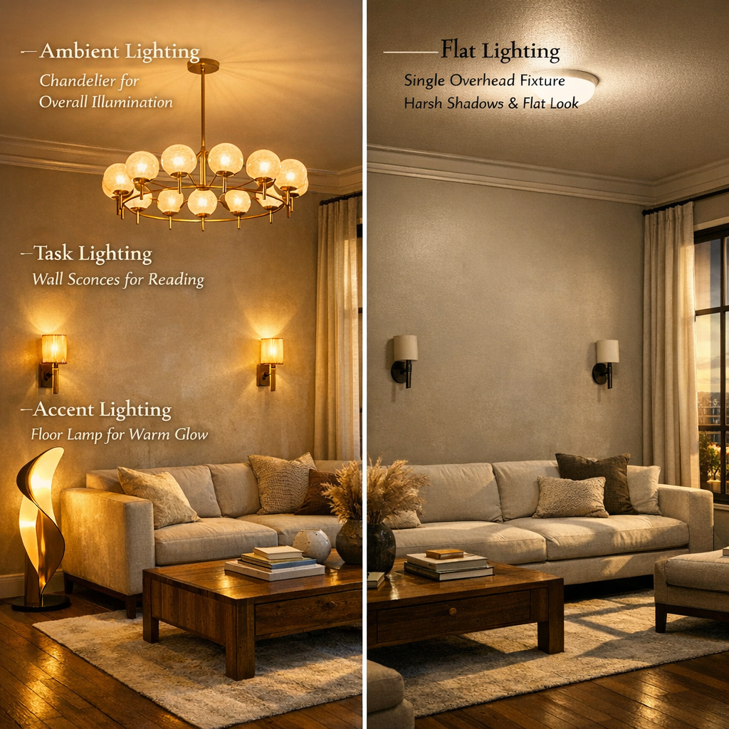 Layered lighting in a modern living room — ambient chandelier, wall sconces, and floor lamp creating depth and warmth