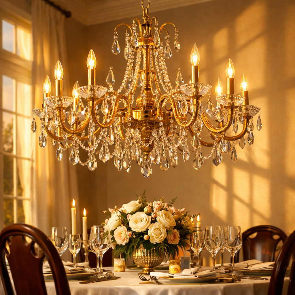 Gold chandelier in elegant dining room