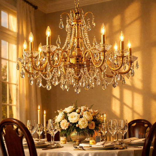 Gold chandelier in elegant dining room
