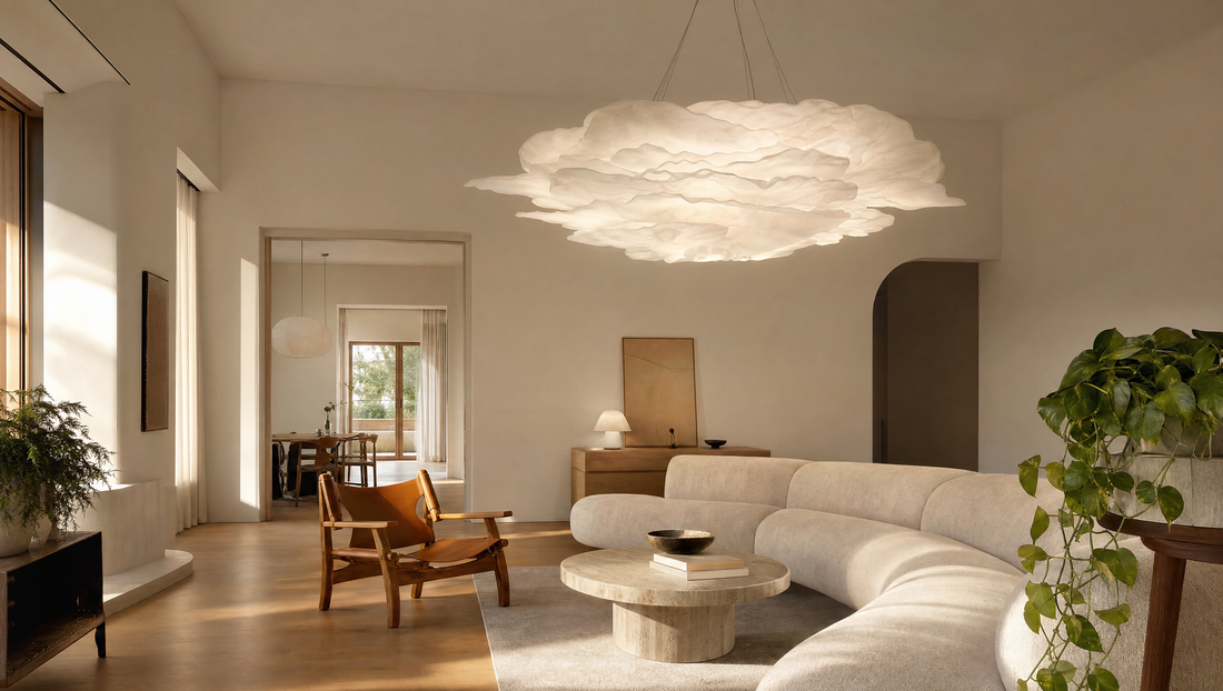 Modern bedroom with matching wall sconces flanking a linen headboard in warm light