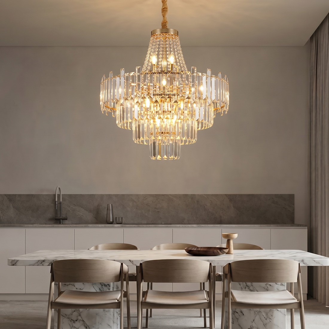 Modern chandelier lighting in a bright contemporary living room