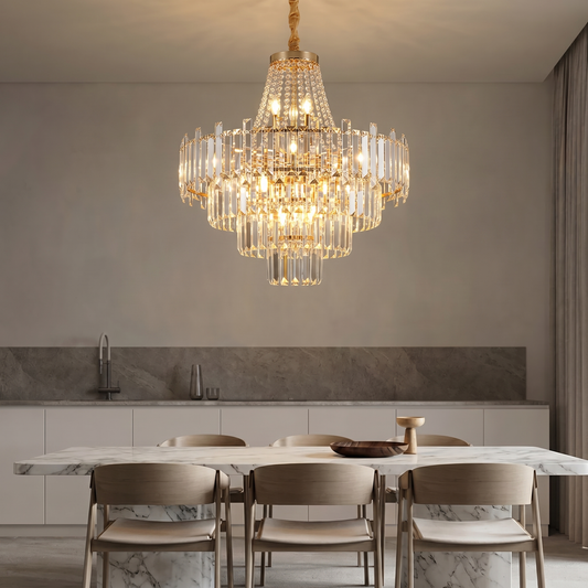 Modern chandelier lighting in a bright contemporary living room