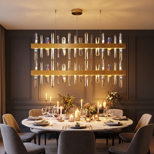 Crystal chandelier over a round dining table in a contemporary dining room