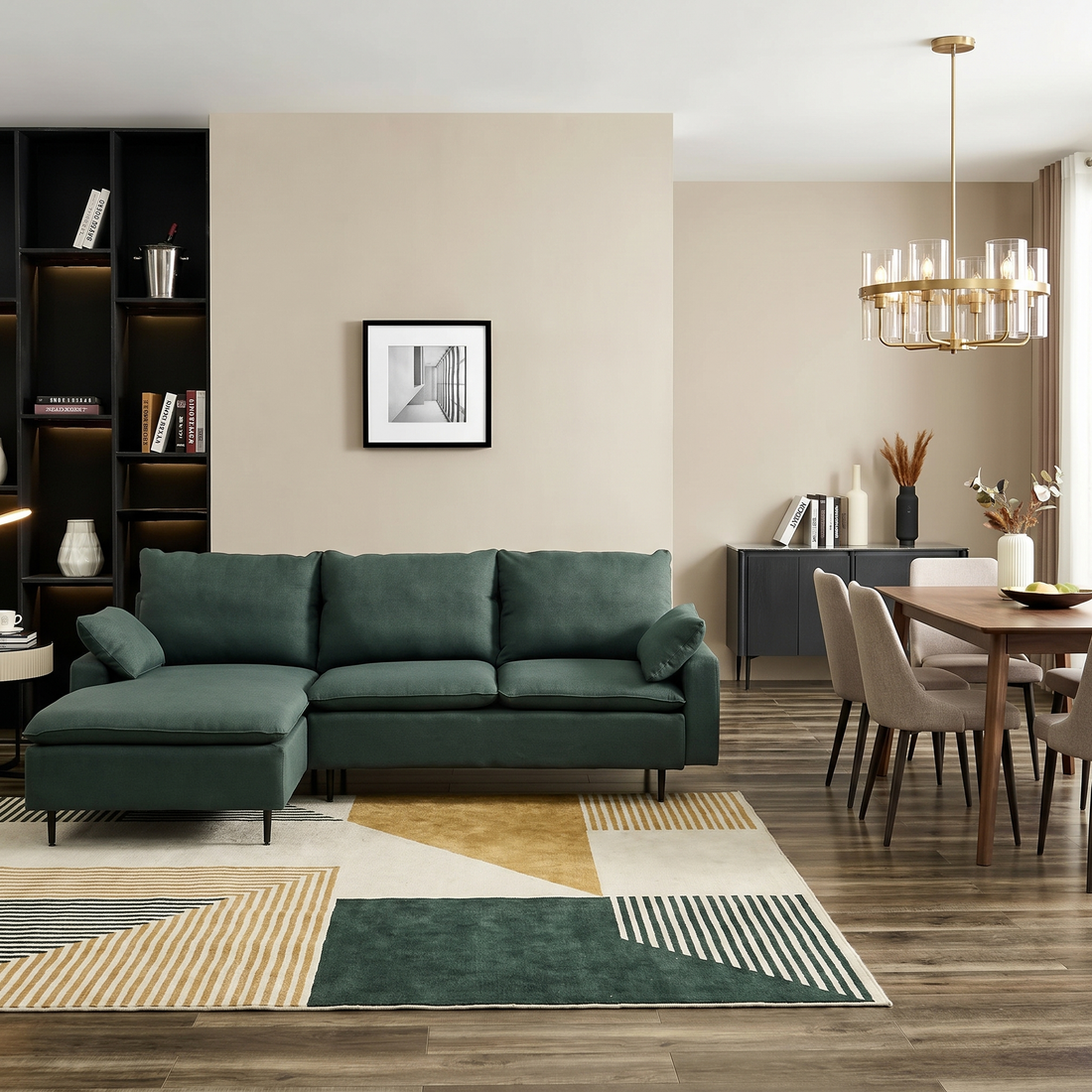 Forest green L-shaped sectional sofa in a bright Scandinavian living room