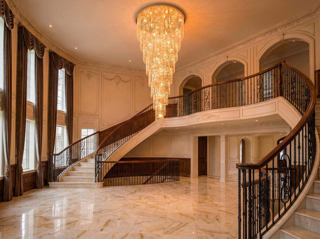 Grand two-story foyer with cascading crystal chandelier and marble floors