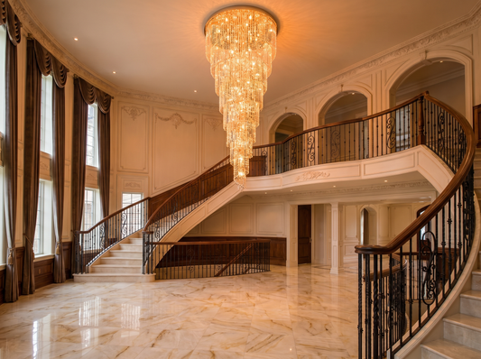 Grand two-story foyer with cascading crystal chandelier and marble floors