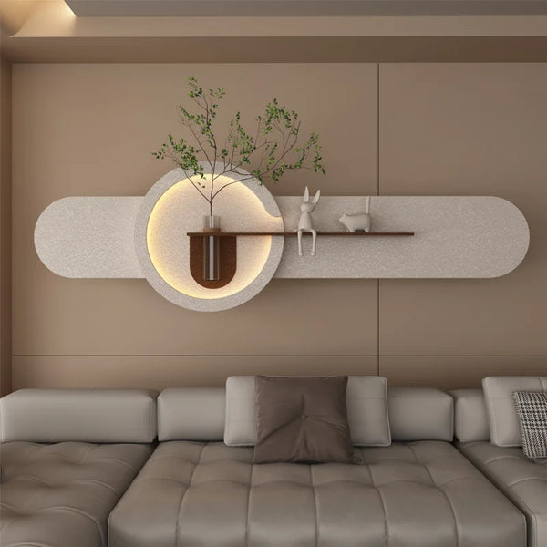 Luna - LED Wall Lamp – Modern Horizontal Moon-Inspired Light with Shelf & Green Plant Décor