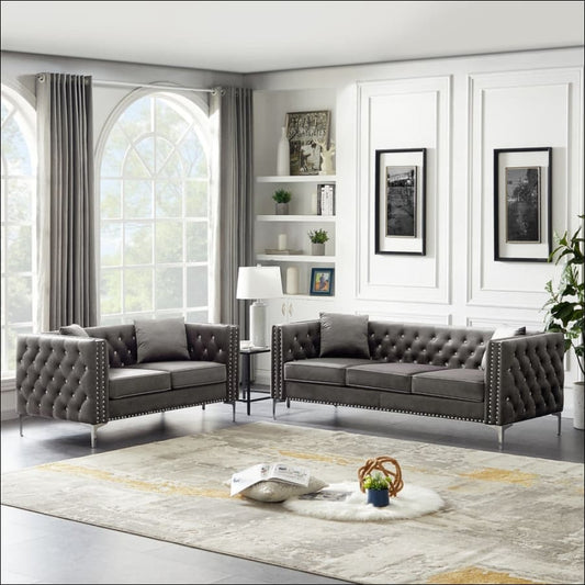 2 piece modern velvet living room set with sofa and love seat couch furniture grey gray tufted couch