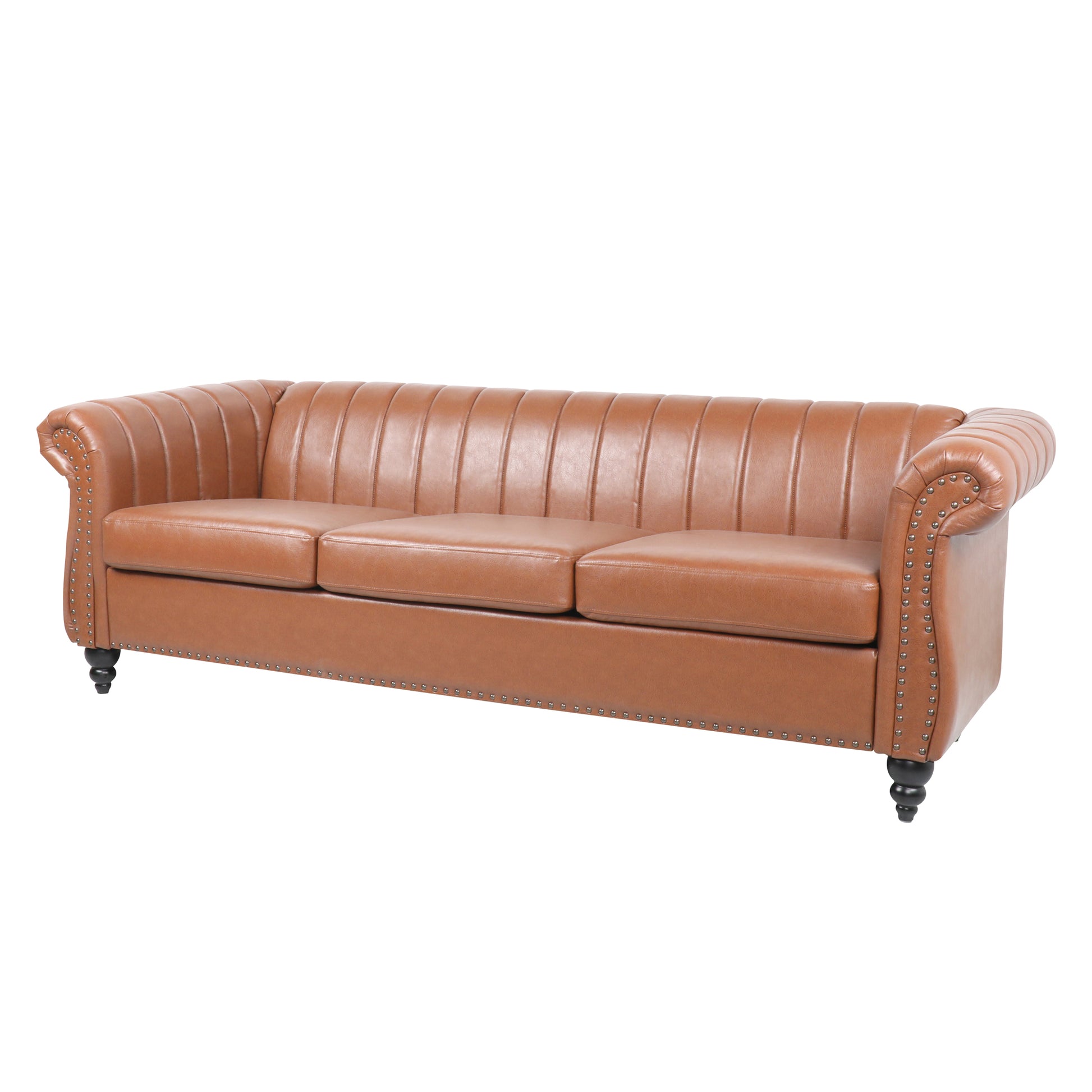 Brown Faux Leather Scrolled Arm Chesterfield Three Seater Sofa Couch - hausgem - united states - cognac couch - 3/4 view