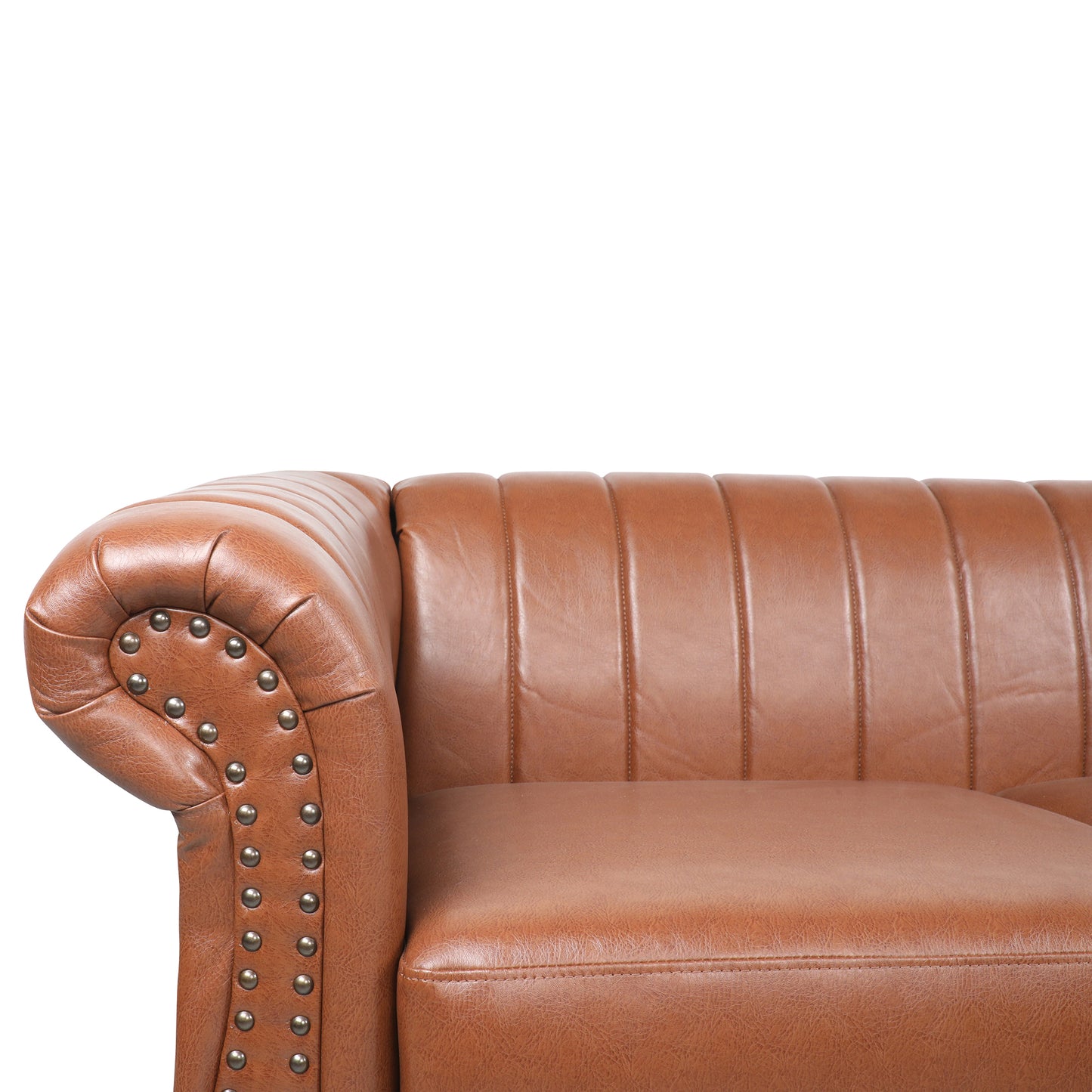 Brown Faux Leather Scrolled Arm Chesterfield Three Seater Sofa Couch - hausgem - united states - cognac couch - up close