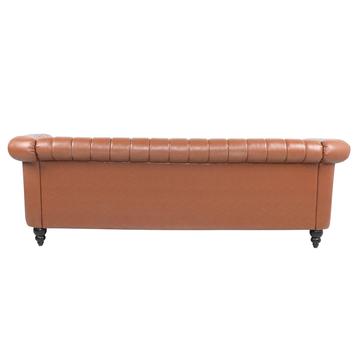 Brown Faux Leather Scrolled Arm Chesterfield Three Seater Sofa Couch - hausgem - united states - cognac couch - back view