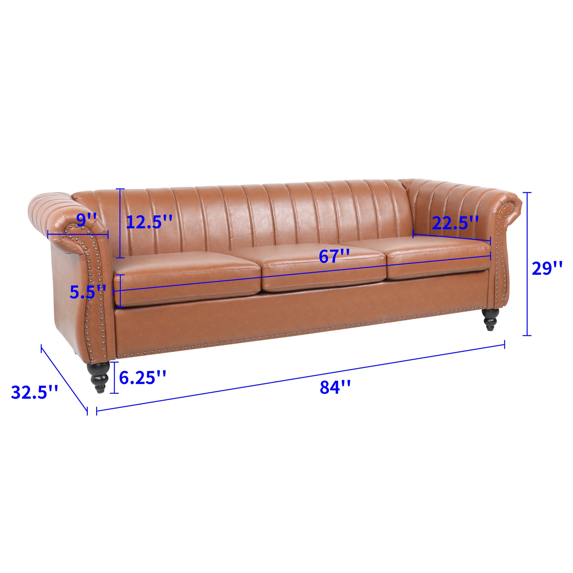 Brown Faux Leather Scrolled Arm Chesterfield Three Seater Sofa Couch - hausgem - united states - cognac couch - with measurements in inchces