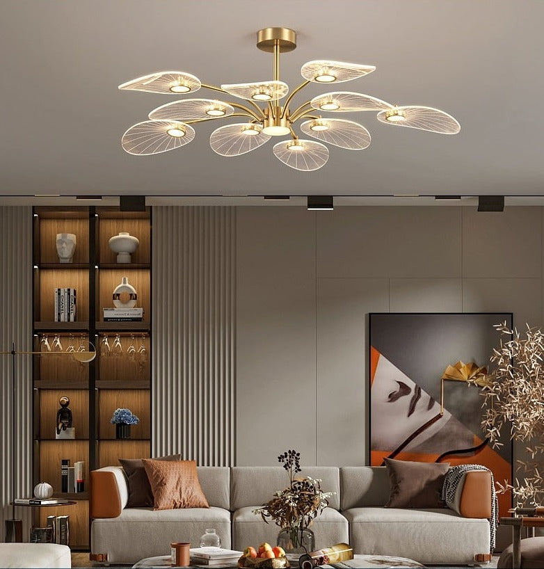 WOSHITU LED Ceiling Lamp Nordic Copper Chandeliers for Bedroom Living Room Lotus Leaf Shape Design Home Decor Lighting Fixture - hausgem