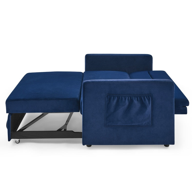 Blue Chenille Pull-out Sofa Bed Couch - full bed pulled out view side view -  hausgem