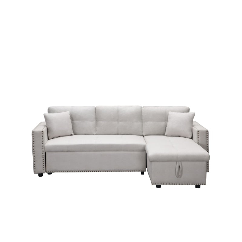 Cream Leather Sleeper Couch Sectional Sofa Bed With Storage - hausgem - united states