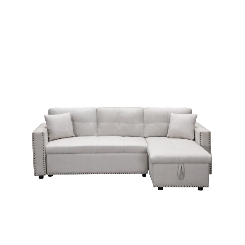 Cream Leather Sleeper Couch Sectional