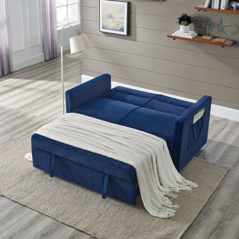 Blue Chenille Soft Fabric Pull-out Sofa Bed Couch with side pockets - hausgem - united states - full bed pull out view