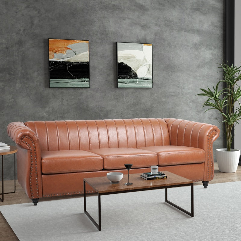 Brown Faux Leather Scrolled Arm Chesterfield Three Seater Sofa Couch - hausgem - united states - cognac couch