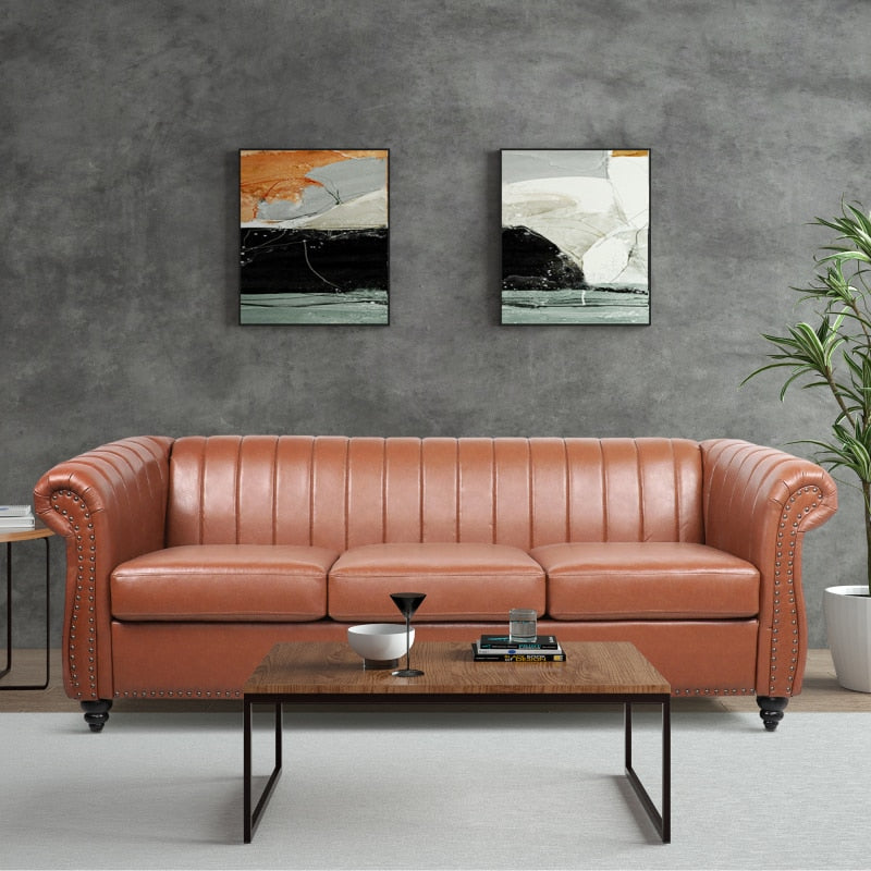 Brown Faux Leather Scrolled Arm Chesterfield Three Seater Sofa Couch - hausgem - united states - cognac couch - front view