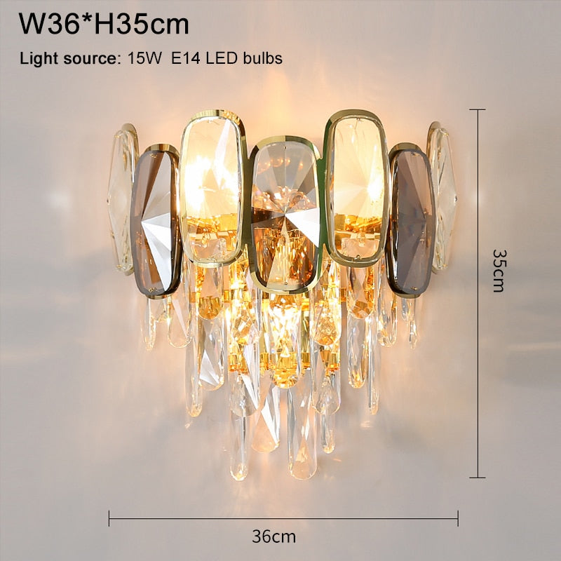 unique gem like Brilliant Crystal Wall Sconce - hausgem - united states - up close view - gold rimmed - long rectangle shape - measurements 36cm by 35 cm