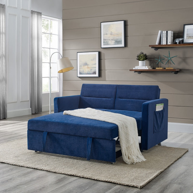 Blue Chenille Soft Fabric Pull-out Sofa Bed Couch with side pockets - hausgem - united states