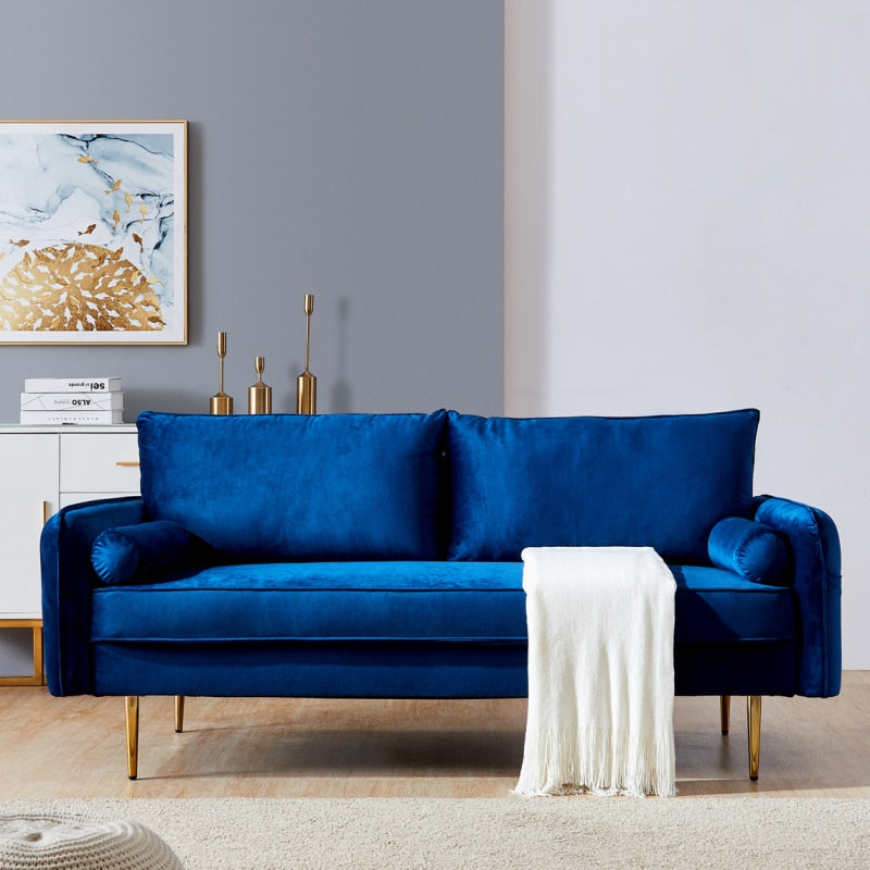 3 Seat Royal Blue Velvet Fabric Sofa Couch with Side Pockets - hasugem