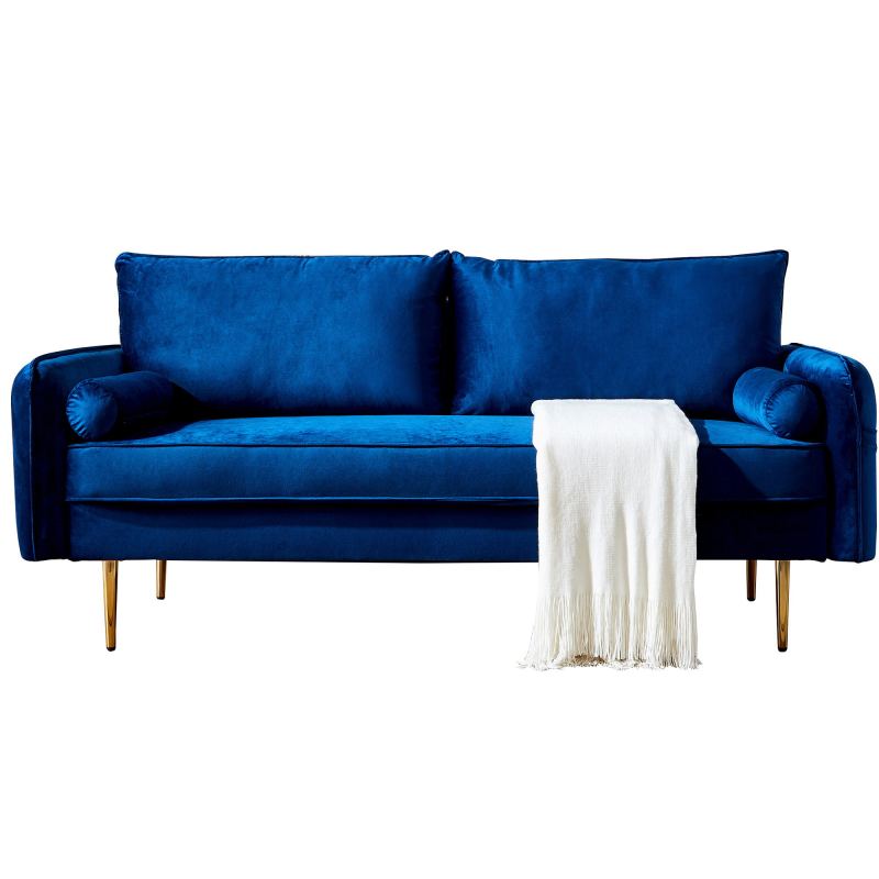 3 Seat Royal Blue Velvet Fabric Sofa Couch with Side Pockets - hausgem