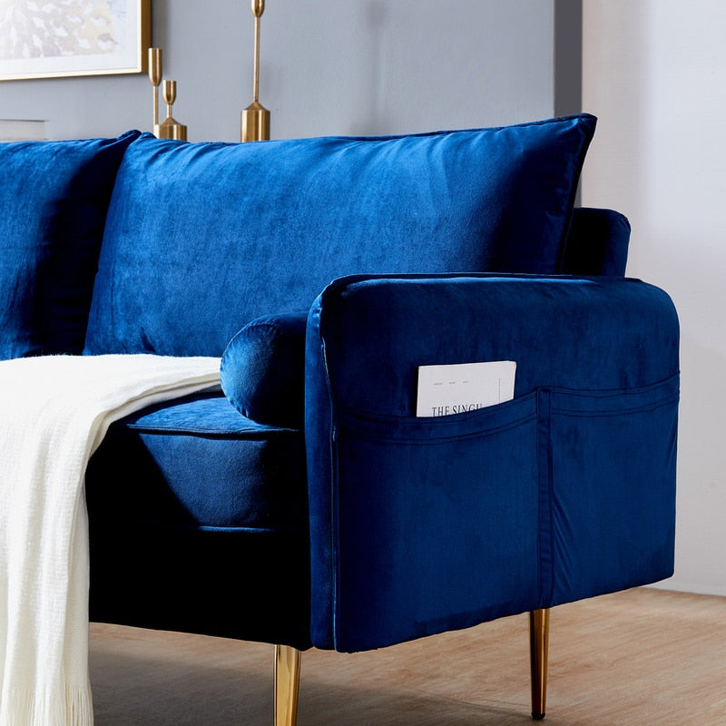 3 Seat Royal Blue Velvet Fabric Sofa Couch with Side Pockets close up - hausgem