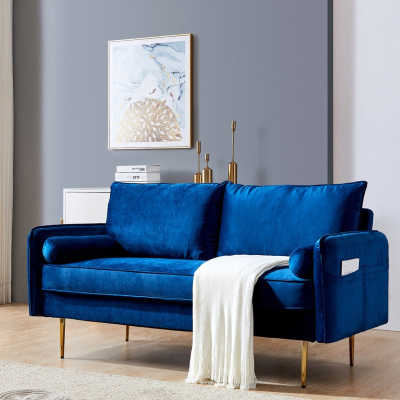 3 Seat Royal Blue Velvet Fabric Sofa Couch with Side Pockets - hausgem