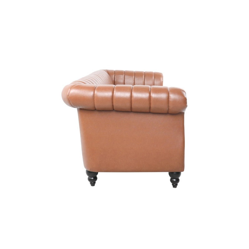 Brown Faux Leather Scrolled Arm Chesterfield Three Seater Sofa Couch - hausgem - united states - cognac couch - side view