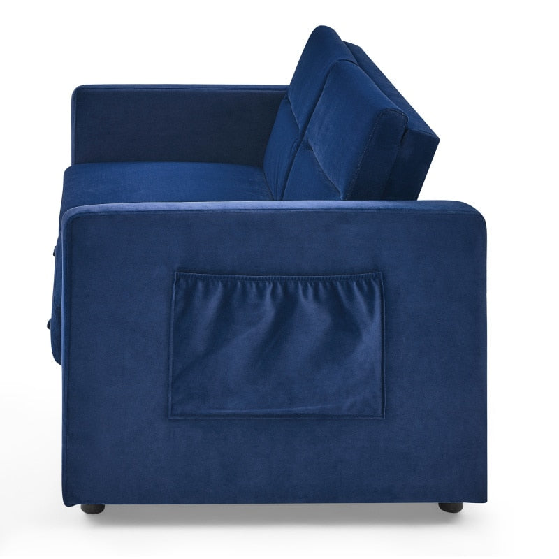 Blue Chenille Soft Fabric Pull-out Sofa Bed Couch with side pockets - hausgem - united states - side view with pockets