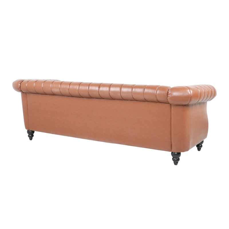 Brown Faux Leather Scrolled Arm Chesterfield Three Seater Sofa Couch - hausgem - united states - cognac couch - back view