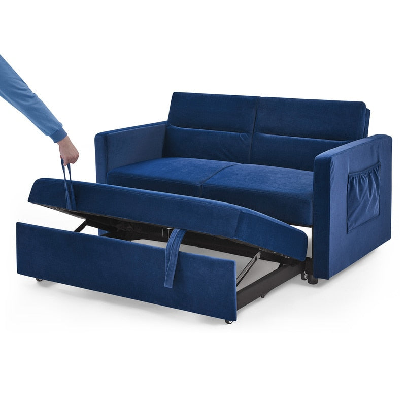 Blue Chenille Soft Fabric Pull-out Sofa Bed Couch with side pockets - hausgem - united states - pull out