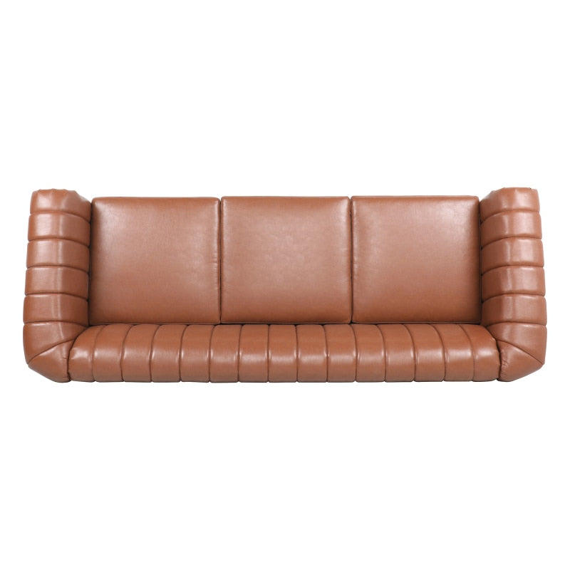 Brown Faux Leather Scrolled Arm Chesterfield Three Seater Sofa Couch - hausgem - united states - cognac couch - top view