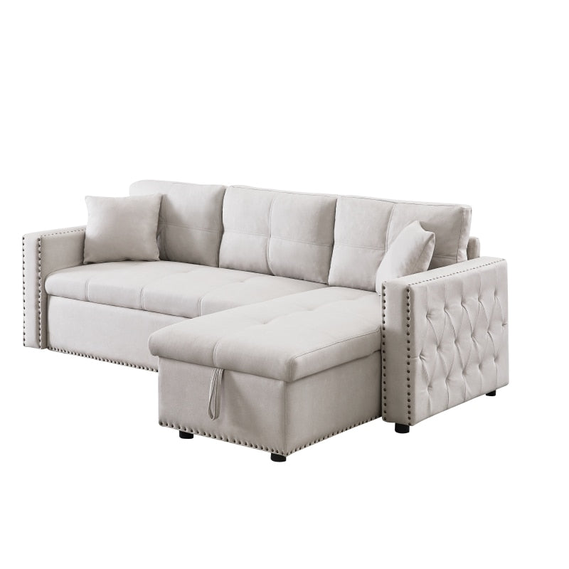 Cream Leather Sleeper Couch Sectional Sofa Bed With Storage - hausgem - united states