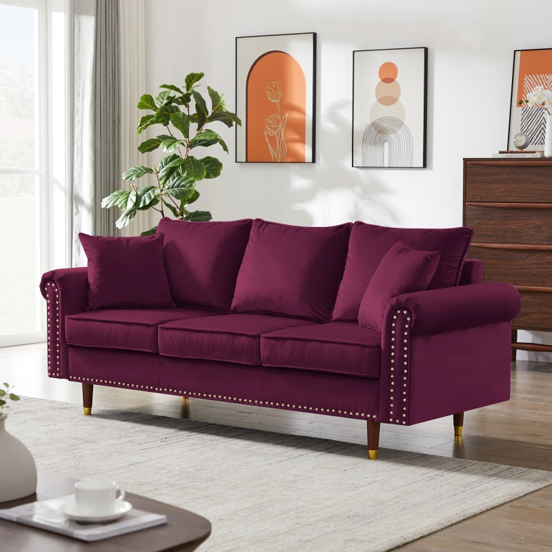 Burgundy Velvet Sofa Couch sofa - hausgem - united states - 3/4 view with gold hardware