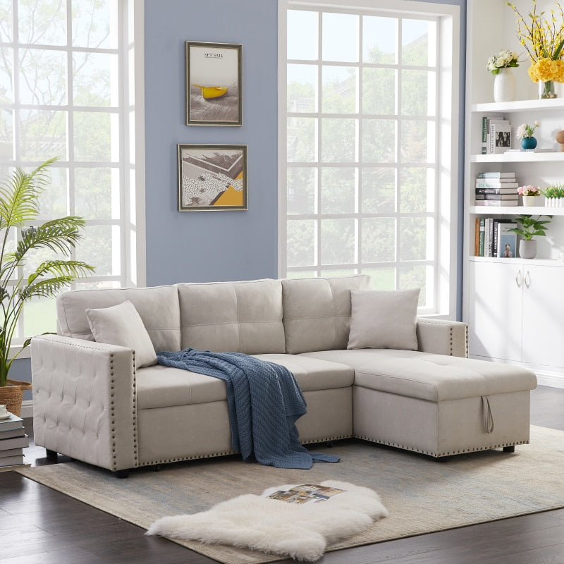 Cream Leather Sleeper Couch Sectional Sofa Bed With Storage - hausgem - united states
