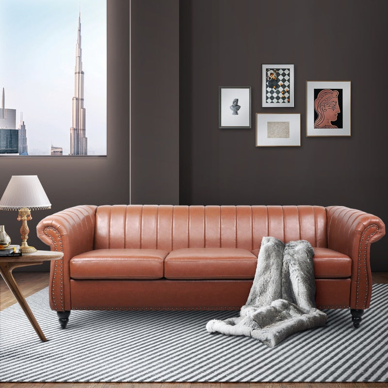 Brown Faux Leather Scrolled Arm Chesterfield Three Seater Sofa Couch - hausgem - united states - cognac couch