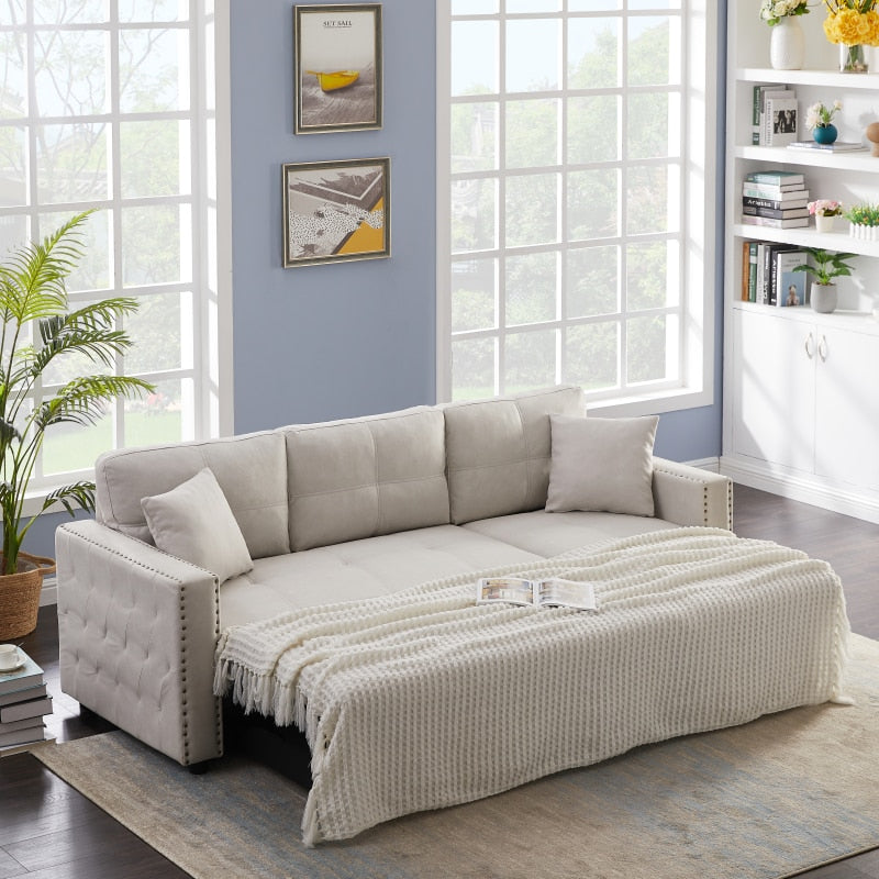 Cream Leather Sleeper Couch Sectional Sofa Bed With Storage - hausgem - united states