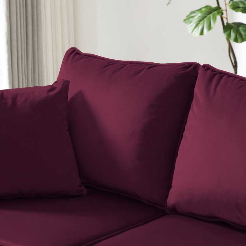 Burgundy Velvet Sofa Couch - hausgem - soft pillows and cushion close up view