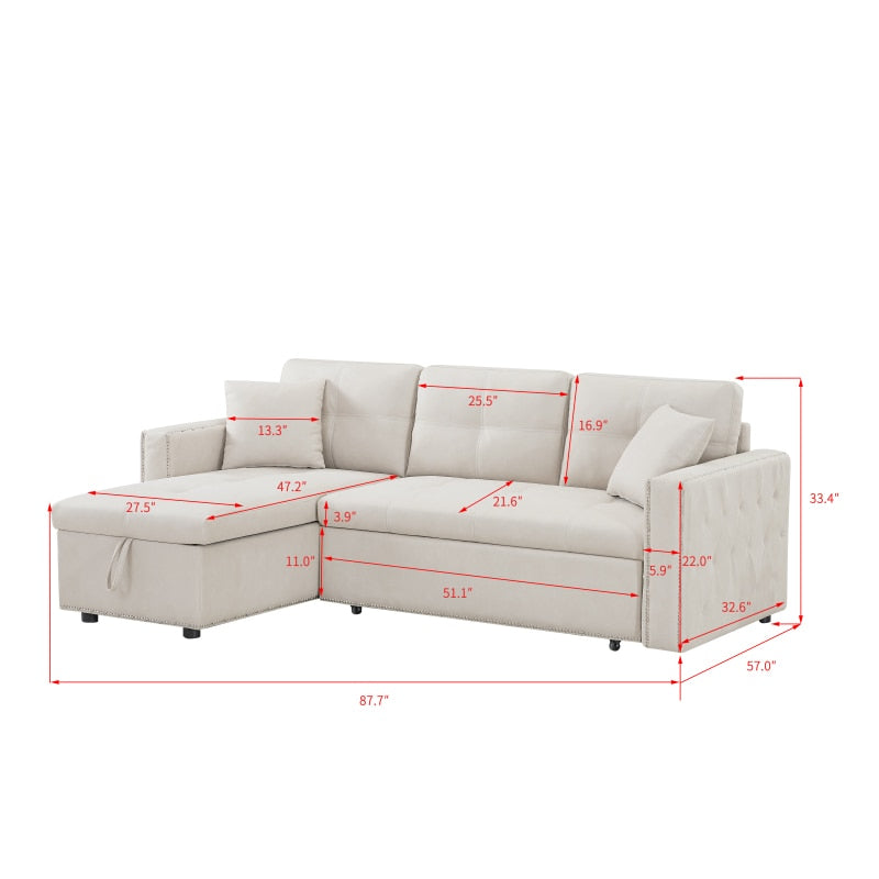 Cream Leather Sleeper Couch Sectional Sofa Bed With Storage - hausgem - united states - with measurement