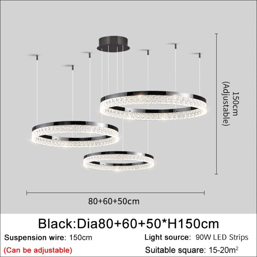 Angel’s Halo round crystal Chandelier - Black 3 / NON dimmable cool light -