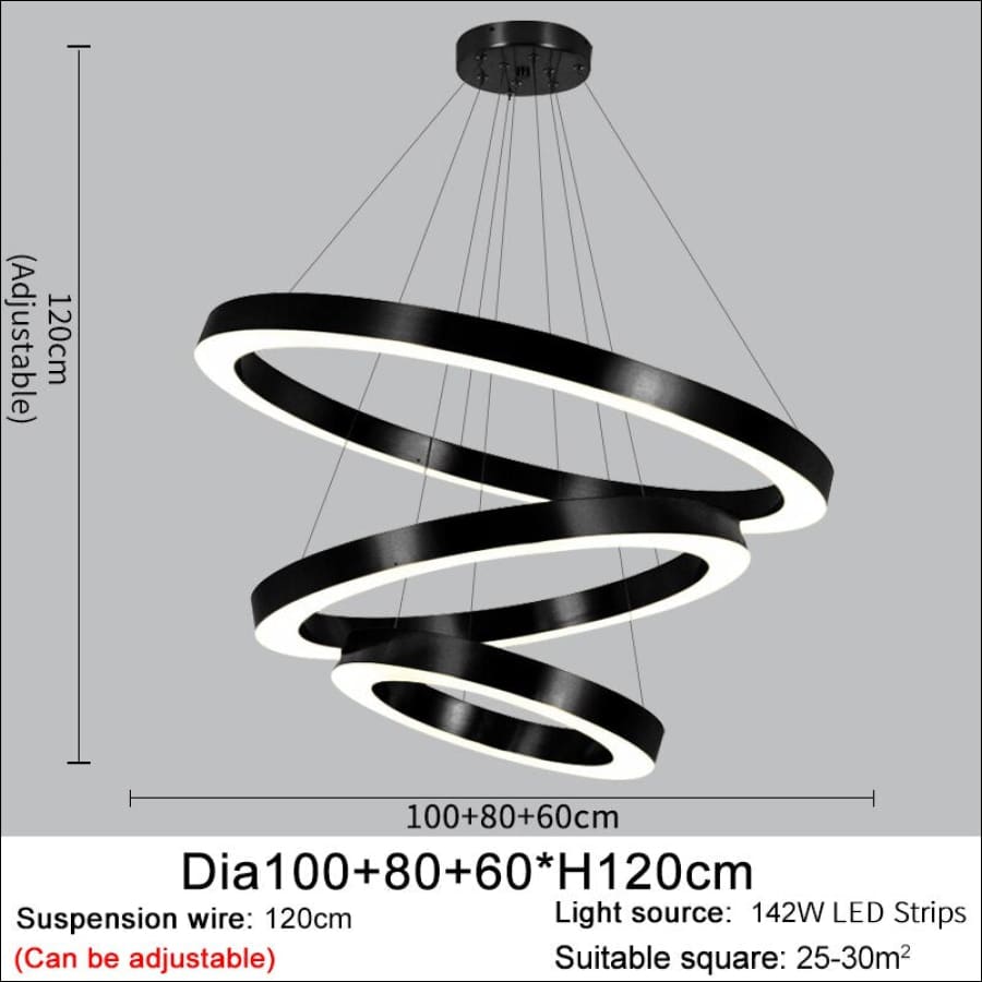 3 piece set, Black outlined LED Stainless Steel Ring Shaped Ceiling Chandelier - hausgem - united states - 120 cm height, adjustable, 142W LED Strips, 240 cm width - united states