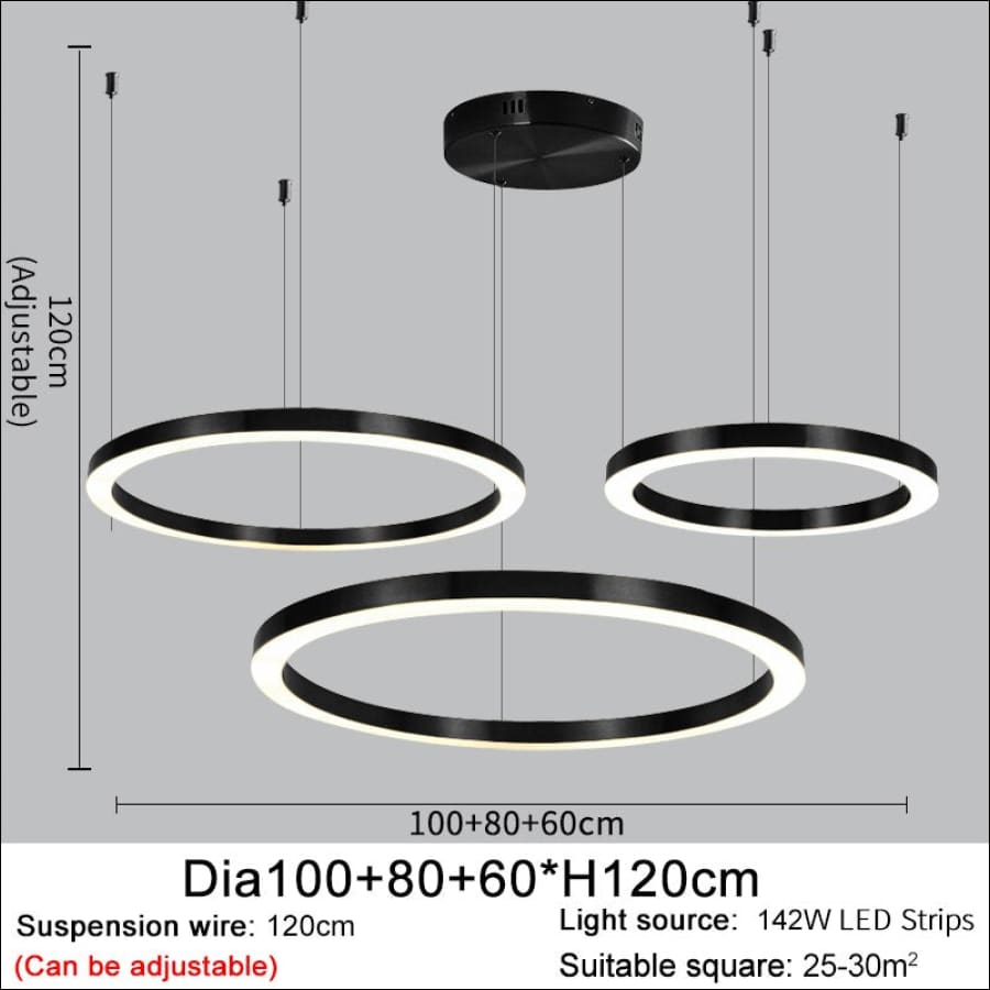 3 piece set, together, Black outlined LED Stainless Steel Ring Shaped Ceiling Chandelier - hausgem - united states - 120 cm height, adjustable, 142W LED Strips, 240 cm width - united states